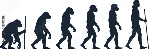 Human evolution silhouette vector illustration, ape to modern man walking stages, scientific anthropology concept, evolution progress artwork, prehistoric to contemporary mankind graphic