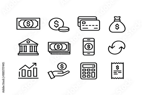 Financial line icons set including cash coins credit cards bank building mobile payment and data chart on transparent bg