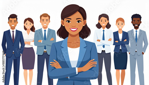 Diverse group of professionals in business attire standing confidently together