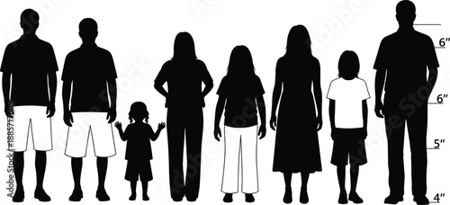 Human height scale silhouettes set, men women children standing figures comparison chart, family people icons, black flat vector illustration, isolated on white