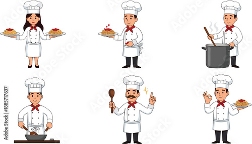 Professional Chef Cartoon Illustration Set With Cooking Actions Serving Food And Restaurant Kitchen Characters