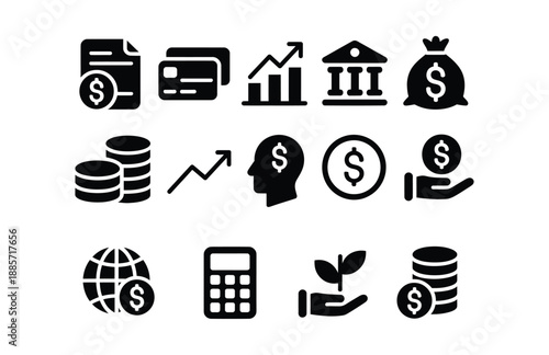 Set of black and white money and finance icons, currency symbols, banking, investment, and payment concepts