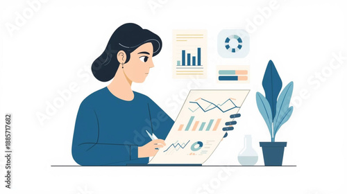 A woman analyzes data charts on a laptop with a focused expression