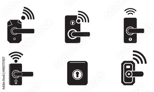 Set of black and white icons for smart locks and wireless door handles, representing modern security and technology.