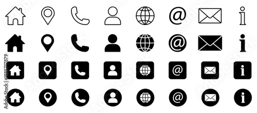 Contact and interface icons set showing phone, mail, location, user, home, info, globe, and social symbols. Ideal for website UI, app navigation, business contact pages, and dashboards. 