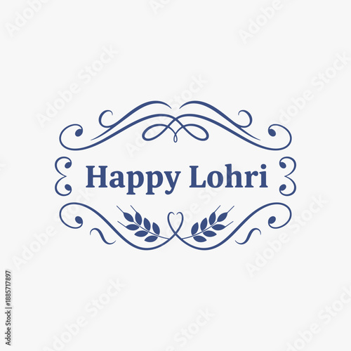 The flat design for Happy Lohri, elegant typography design with wheat ears and decorative flourishes for a Punjabi Indian harvest festival greeting.