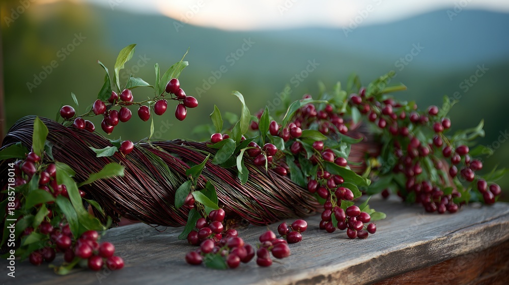 Obraz premium Close-up of traditional red dogwood berries in a garland, resting on wood with sunset-lit hills.