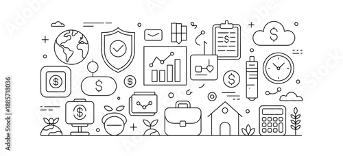 Business finance and economy icons collection on transparent background for investment growth and success vector outline set