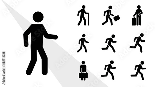 Black and white stick figure icons illustrating various activities