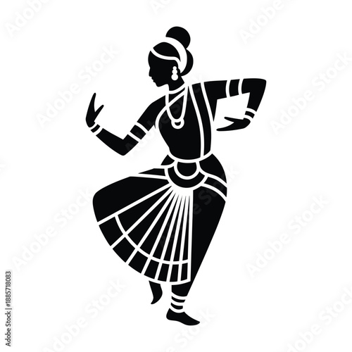 Silhouette of a graceful Indian classical dancer performing a traditional Bharatanatyam pose with intricate costume details.