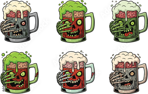 Set of six cartoon zombie beer mugs with exposed brains and foam, horror illustration style, spooky Halloween bar concept, vector character design, isolated on white