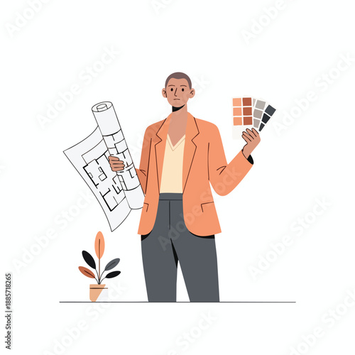 Designer Holding Color Palette and Blueprint