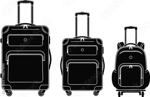 Travel luggage set vector illustration with wheeled suitcases and rolling backpack, black silhouette icons for airport, vacation, business trip design