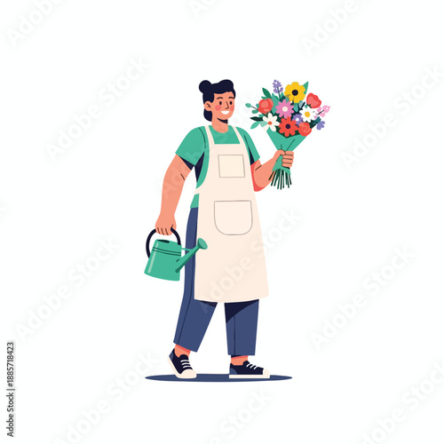 Gardener with Flowers and Watering Can