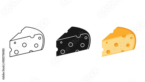 Three cheese wedges in black, white, and yellow on white background