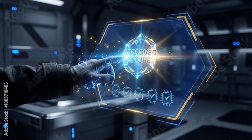Futuristic interface with glowing Approved Future badge and microchips