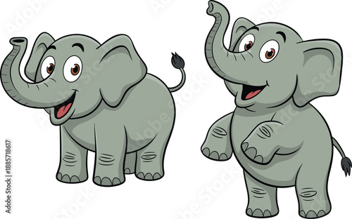 Two happy cartoon elephants with large ears and trunks raised in a joyful pose isolated on a white background for children design projects.