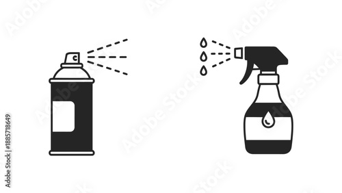 Spray bottles and aerosol can monochrome icons on white background