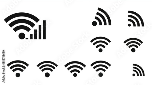 Black wi fi signal icons on a white background for digital communication