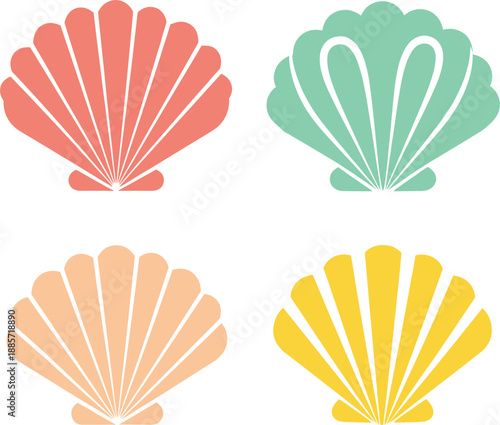 Colorful Seashell Icons Illustration Set With Simple Flat Marine Shell Shapes Isolated On White