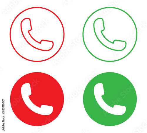 set of phone call buttons showing accept and decline symbols for incoming calls. simple communication interface elements for mobile apps, contact screens, customer support and call notification UI.