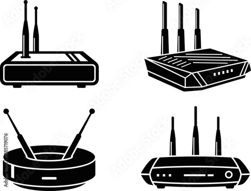 Vector silhouette set of four different modern Wi-Fi routers with multiple antennas, illustrating wireless networking, high-speed home internet connection, and digital technology devices, black 