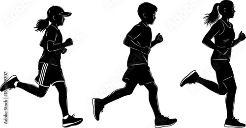 Vector silhouettes of young people jogging and running in profile, featuring male and female athletes, illustrating fitness, health, active lifestyle, exercise, and youth sports training