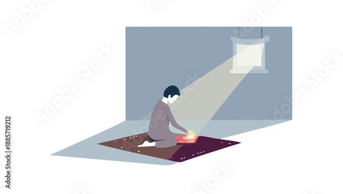 A person praying on a prayer rug in a dimly lit room, light from a single window hitting the rug, dust motes dancing in the light. No text.