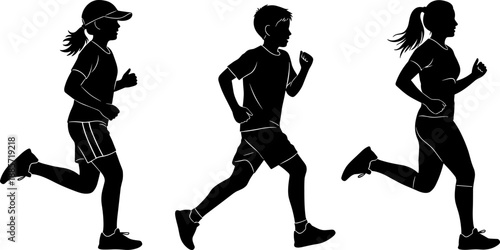 Vector silhouettes of diverse young people jogging and running together in profile, illustrating physical fitness, marathon training, healthy lifestyle, exercise, and outdoor sports activity