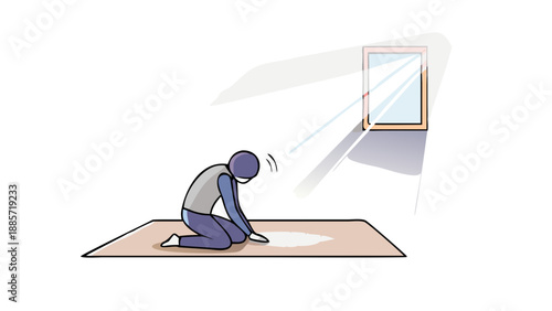 A person praying on a prayer rug in a dimly lit room, light from a single window hitting the rug, dust motes dancing in the light. No text.