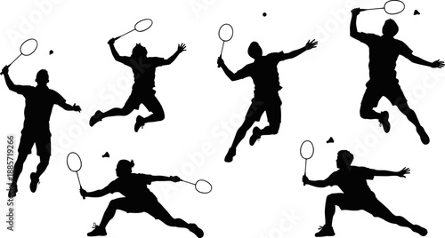 Vector silhouettes set of badminton players in multiple dynamic poses, jumping and performing overhead smash shots, illustrating intense competition, sport action, and physical fitness training