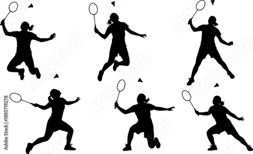 Vector silhouettes set of female badminton players in various dynamic action poses, jumping and striking the shuttlecock with rackets, illustrating competitive sport, athleticism, and fitness