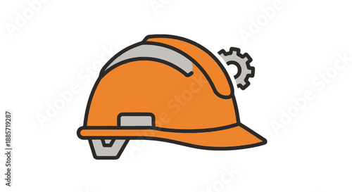 Orange Hard Hat with Gear Icon in Simple Line Art Style on White Background for Industrial Use