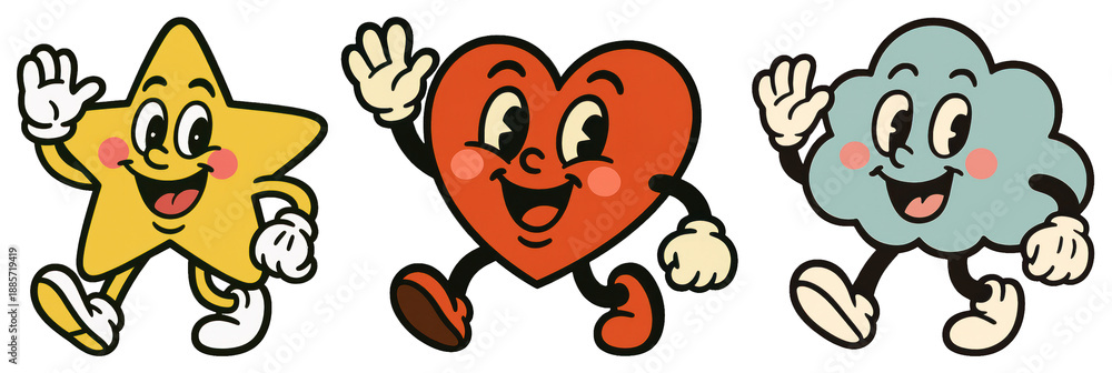 Obraz premium PNG Cheerful cartoon characters dancing, element set on transparent background