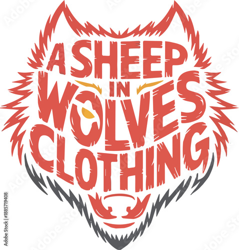 Red and yellow text in a wolf mouth saying a sheep in wolves clothing with flames teeth