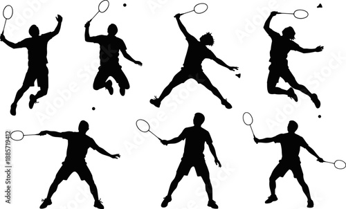 Vector silhouettes set of male badminton players in multiple dynamic poses, jumping high and performing overhead smash shots, illustrating intense competition, sport action, and athleticism