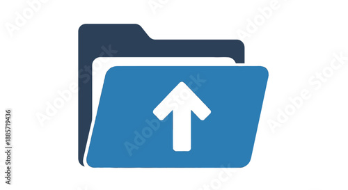 Folder icon with upload arrow in simple flat design on blue background with white accents for digital interface