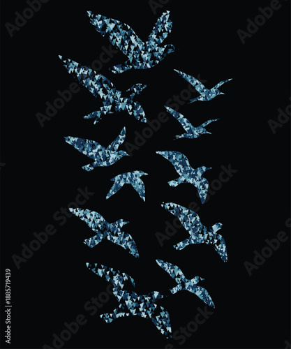Flying Bird Silhouette Flock Vector Isolated on black Background .