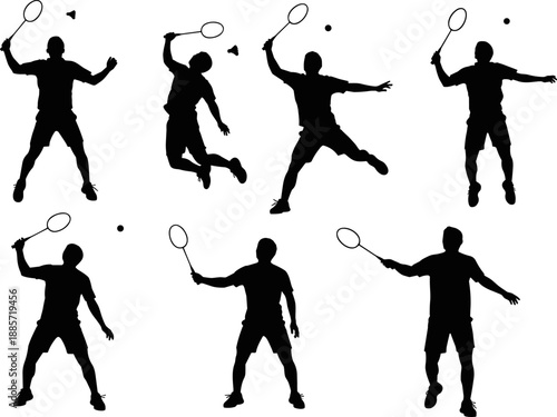 Vector silhouettes set of male badminton players in multiple high-jumping and powerful action poses, smashing the shuttlecock, illustrating intense competition, sport action, and physical fitness