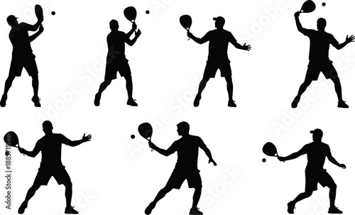 Vector silhouettes set of male padel or beach tennis players in various action poses, hitting the ball with paddles, symbolizing competitive racquet sport, fitness, and dynamic physical activity