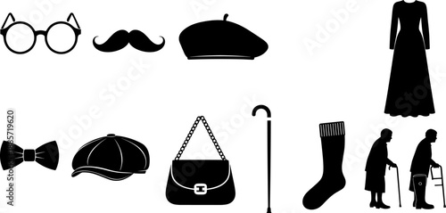 Vintage accessories silhouette vector set, retro fashion items collection including glasses hats bags cane dress, classic lifestyle illustration design