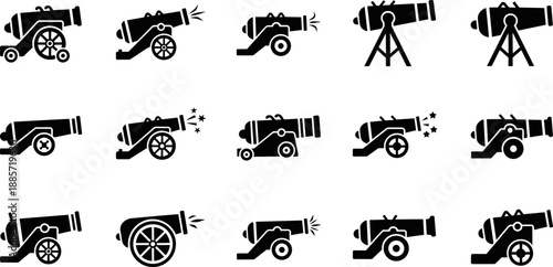 Vintage cannon icon set vector illustration, black military artillery silhouettes collection, historical weapons symbols isolated on white background for design use and branding