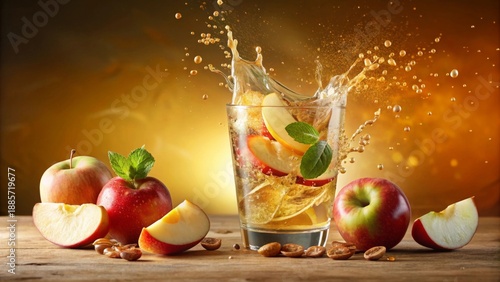 Refreshing Apple Cider Splash in a Glass with Fresh Apples and Mint