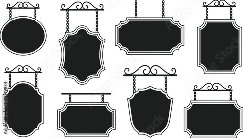 Vintage hanging signboard vector illustration set, retro metal frame signage collection, decorative shop signs, blank ornate templates for business and store branding