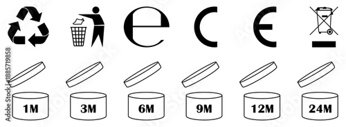 Set of packaging compliance symbols including recycling, trash bin, CE mark, WEEE symbol and shelf life period icons from 1M to 24M for product labels and packaging design use.