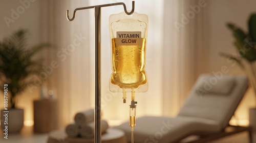 Vitamin Glow drip bag: A close-up shot of a Vitamin Glow intravenous (IV) drip bag against the backdrop of a well-lit relaxation space, conveying concepts of beauty, health, and revitalization.