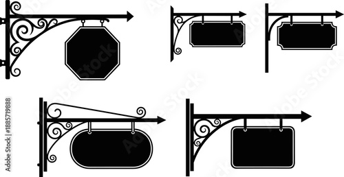 Vintage hanging shop sign silhouettes vector illustration set, decorative wrought iron signboard brackets collection, classic business signage icons isolated on white background
