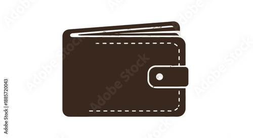 Brown leather wallet in simple flat design with snap closure and stitching details for financial iconography