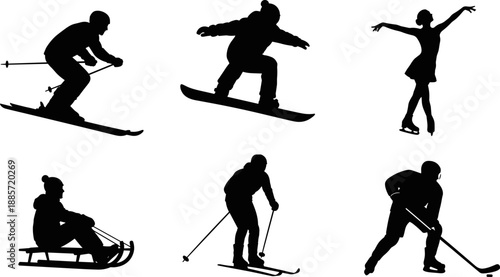 Winter sports silhouette set featuring skiing snowboarding ice skating sledding and hockey activities, showcasing outdoor cold season recreation, athletic motion, black and white vector illustration