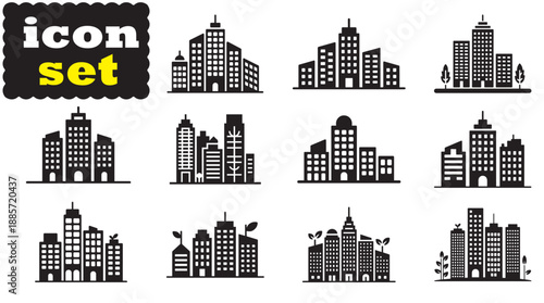 Green City Building Icon Set, Editable Solid Vector Illustration